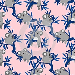 Seamless pattern with cute koala bears on eucalyptus tree.