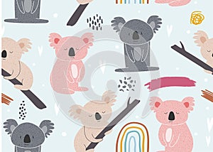 Seamless pattern with cute koala. vector illustration