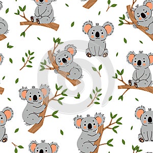 Seamless pattern with cute koalas on a white background. Vector graphics