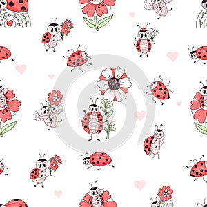 Seamless pattern with cute ladybug. Characters insects ladybird with flowers on white background with hearts. Vector
