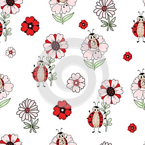 Seamless pattern with cute ladybug. Funny insects with flowers on white background. Vector illustration. Endless