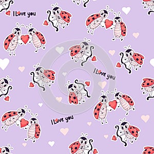 Seamless pattern with cute ladybugs. Cupid with an arrow and couple of little insects in love on purple background