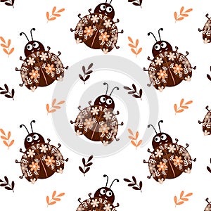 Seamless pattern, cute ladybugs with flowers and leaves ornament, brown and beige colors. Textile, print, decor for children