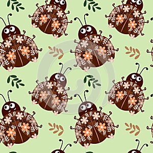 Seamless pattern, cute ladybugs with an ornament of flowers and leaves, brown-beige colors.Textile, print