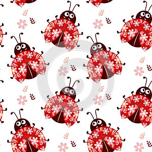 Seamless pattern, cute ladybugs with wing ornaments, leaves and flowers, Children\'s textiles, print, kids bedroom decor