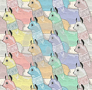 Seamless pattern with cute lamas or alpacas