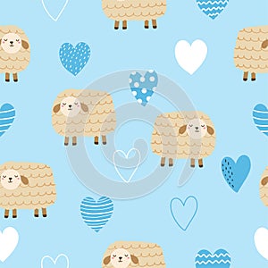 Seamless pattern with cute lamb and hearts for your fabric, children textile