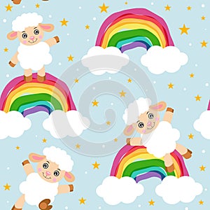 Seamless pattern of cute lamb and rainbow sky