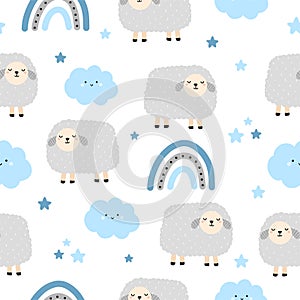 Seamless pattern with cute lamb and weather, cloud, rainbow, star for your fabric, children textile.