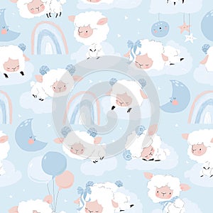 Seamless Pattern with Cute Lambs sleeping on Clouds