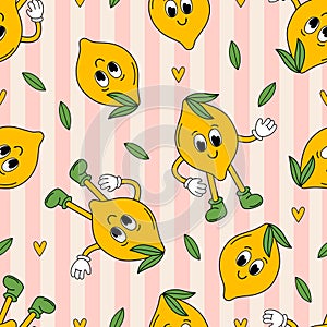 seamless pattern with cute lemon on a striped background