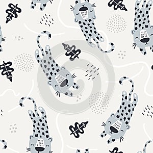 Seamless pattern with cute leopards and tropical leaves. Creative childish texture. Great for fabric, textile Vector Illustration