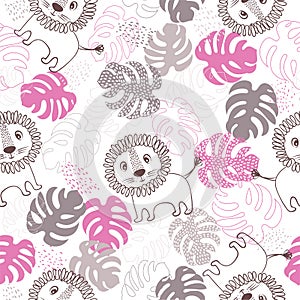 Seamless pattern cute lion et feuilles tropicales. Vector illustration photo