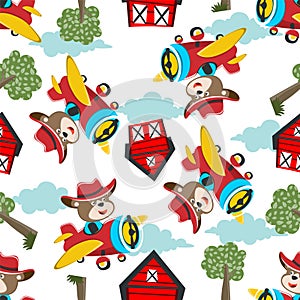 Seamless pattern of Cute little bear flying on a airplane. funny animal cartoon. Creative vector childish background for fabric