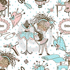 Seamless pattern with cute little black-skinned dressmaker and sewing accessories. Vector.