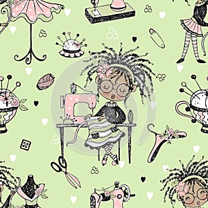 Seamless pattern with cute little black-skinned dressmaker and sewing accessories. Vector.