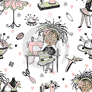 Seamless pattern with cute little black-skinned dressmaker and sewing accessories. Vector