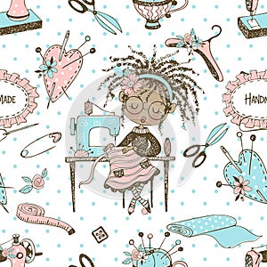 Seamless pattern with cute little black-skinned dressmaker and sewing accessories. Vector.