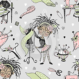 Seamless pattern with cute little black-skinned dressmaker and sewing accessories. Vector