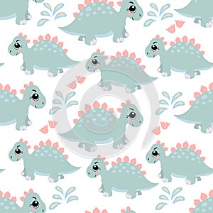 Seamless pattern with a cute little dinosaur