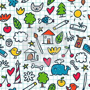 Seamless pattern with cute little drawings in the exercise book