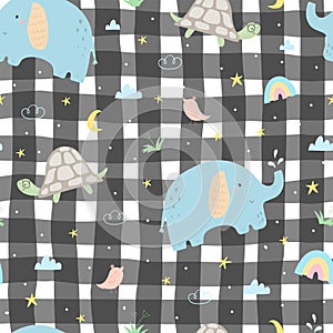 Seamless pattern with cute little elephant, turtle, bird. Creative scandinavian kids texture for fabric, wrapping