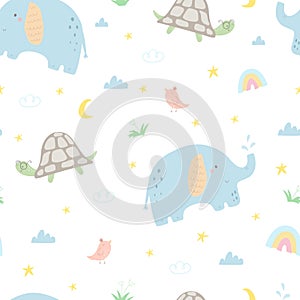 Seamless pattern with cute little elephant, turtle, bird. Creative scandinavian kids texture for fabric, wrapping, textile,