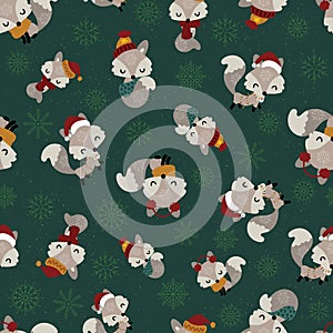 Seamless pattern with cute little foxes on snowflakes green background.