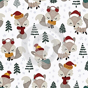 Seamless pattern of cute little foxes in spruce forest on white starry background.
