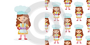 Seamless pattern cute little girl holds a cupcakes on the tray.