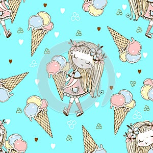 Seamless pattern with a cute little girl with ice cream on a blue background. Vector