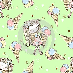 Seamless pattern with a cute little girl with ice cream on a green background. Vector