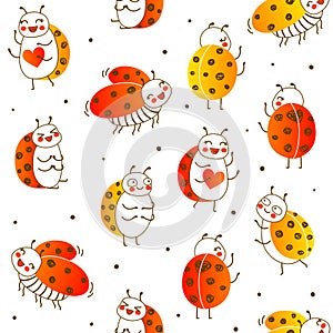 Seamless pattern with cute little ladybugs isolated on white background - cartoon background for funny children design