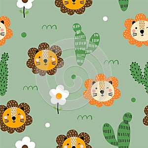 Seamless pattern with cute little lion, cactus and flowers for your fabric