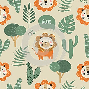 Seamless pattern with cute little lion, cactus and green leaves tropical