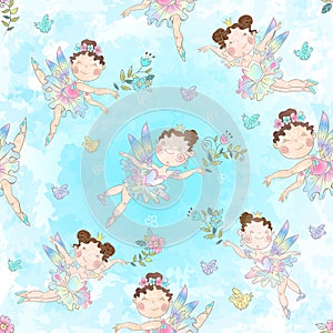 Seamless pattern with cute little magical fairies. Vector photo