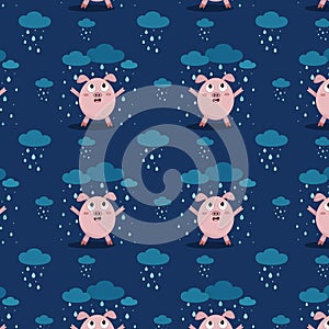 Sin costura patrón lindo pequeno rosa un cerdo bastidores en la lluvia sobre el azul 