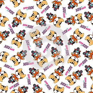 Seamless pattern with Cute little tiger Riding motorcycle, Cartoon Vector Icon Illustration. For fabric textile, nursery,