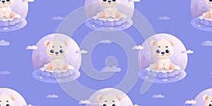 Seamless pattern with cute little white polar bear on ice floe on purple background. Vector illustration in cartoon