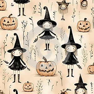 Seamless pattern with cute little witches and pumpkins