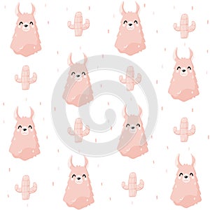 Seamless pattern with cute llama and cactus on white background. Ornament for textile