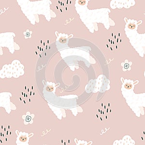 Seamless pattern with a cute llama with clouds.