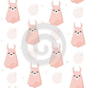 Seamless pattern with cute llama and knitting ball on white background. Ornament for textile