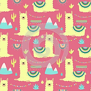 Seamless pattern of cute llamas, alpacas with yellow wool, mountains, cacti on a bright pink background. Image for children, room,