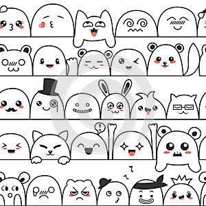 Seamless pattern with cute lovely kawaii monsters and animals. Doodle cartoon clouds with faces in manga style. Cute photo