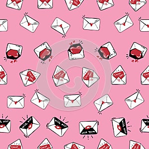Seamless pattern with cute mails arranged in line on pink background