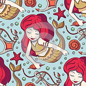 Seamless pattern with cute mermaids.