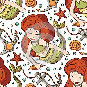 Seamless pattern with cute mermaids.