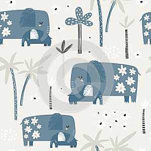 Seamless pattern with cute mom and baby elephant, palm trees and flowers. Creative jungle childish texture. Great for fabric,