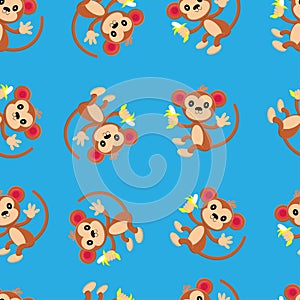 Seamless pattern with cute monkey and funny cartoon zoo animals on blue background